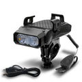 Rechargeable bicycle front light shown in black, with options for blue, green, or red, featuring glare and flash modes.