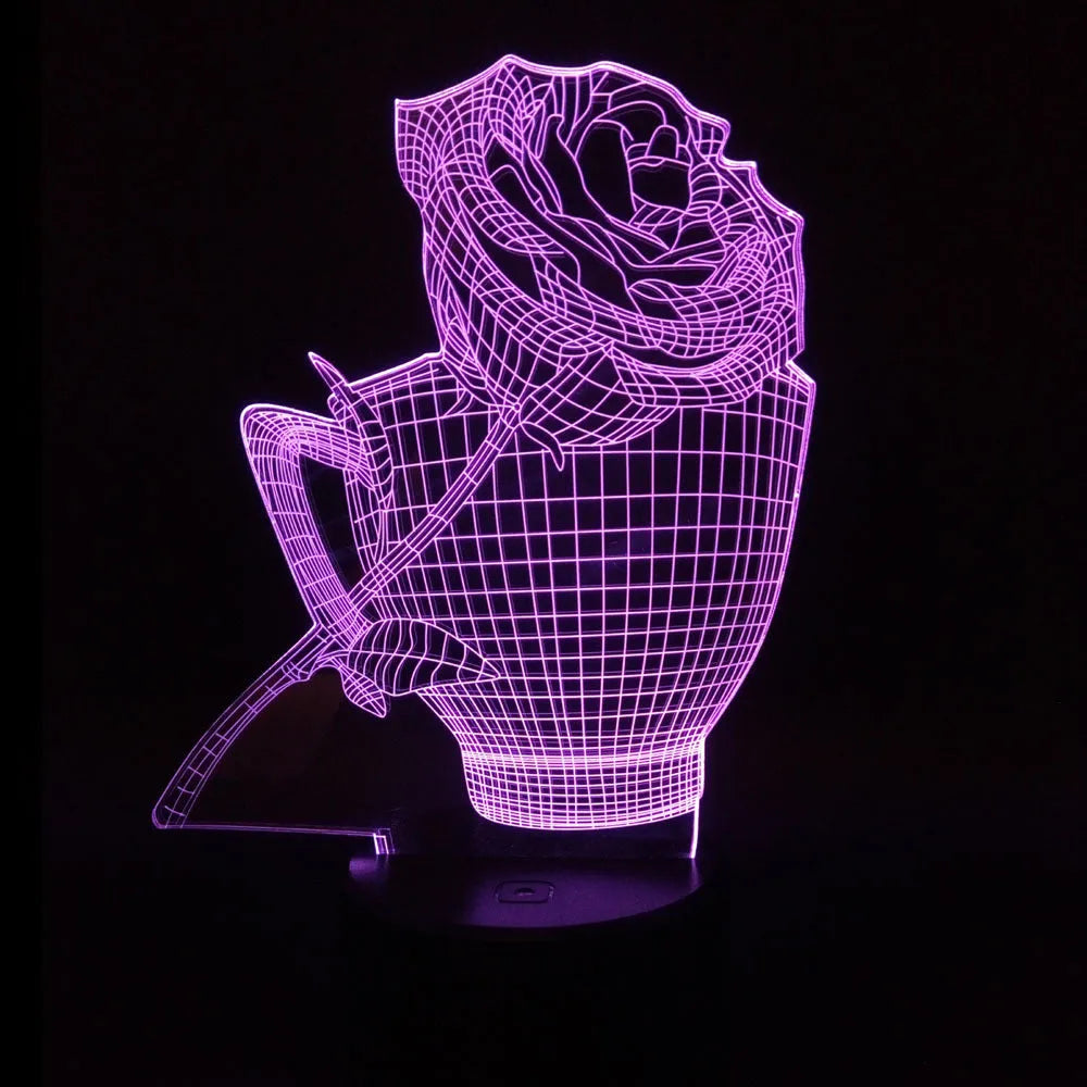 3D rose design acrylic LED night light with remote control on a black ABS base