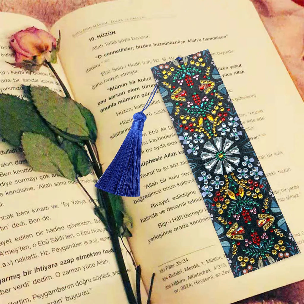 Diamond painting kit components for leather bookmark with mandala flower embroidery pattern