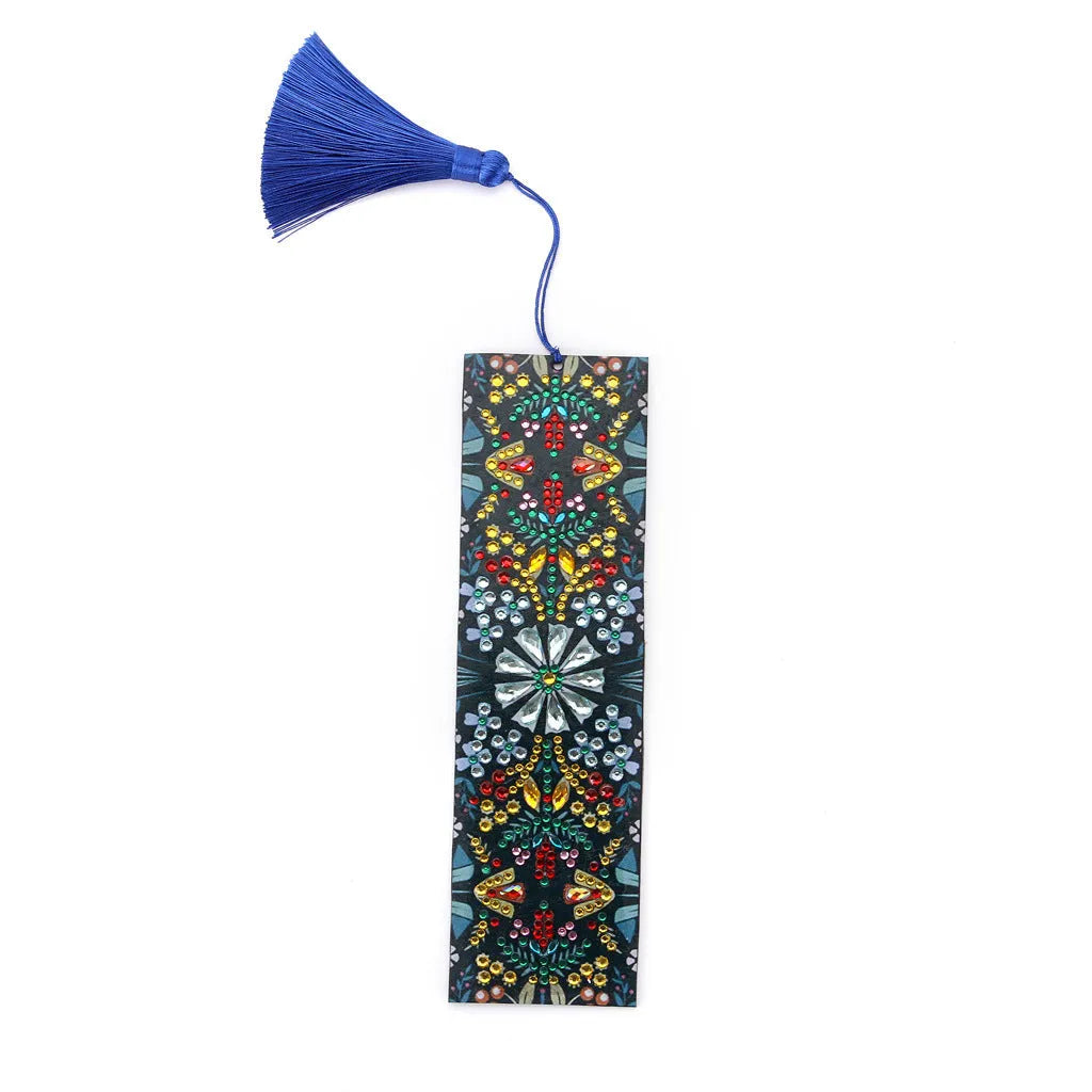 Diamond painting kit components for leather bookmark with mandala flower embroidery pattern