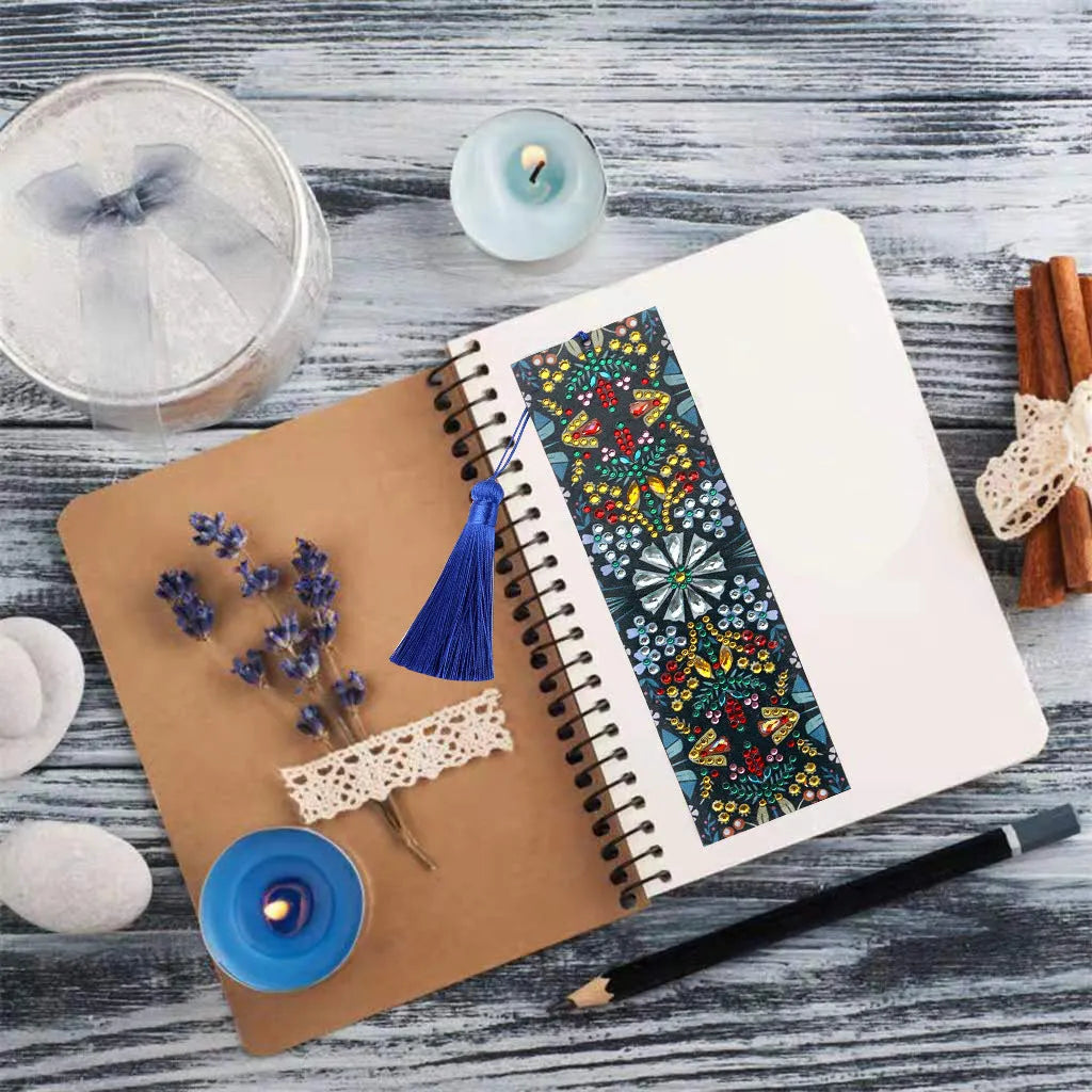 Diamond painting kit components for leather bookmark with mandala flower embroidery pattern