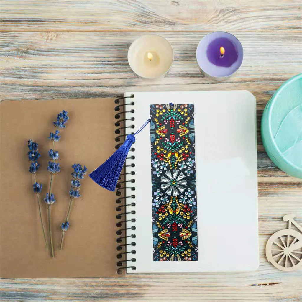 Diamond painting kit components for leather bookmark with mandala flower embroidery pattern