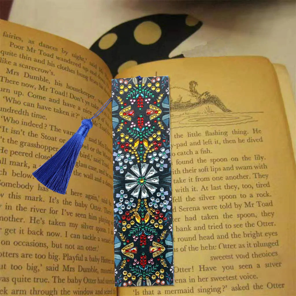 Diamond painting kit components for leather bookmark with mandala flower embroidery pattern