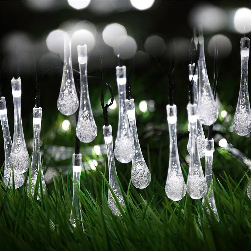 Solar-powered water drops LED string lights for outdoor garden decoration with waterproof design