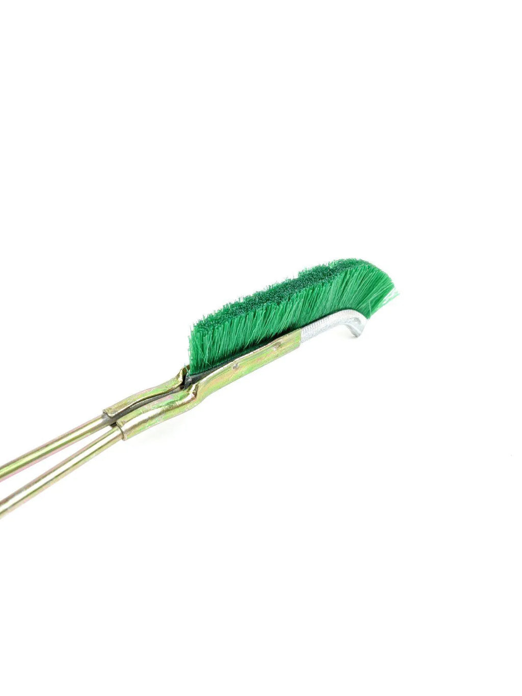 Green-handled elbow brush with nylon wire bristles for rust removal on metal surfaces.