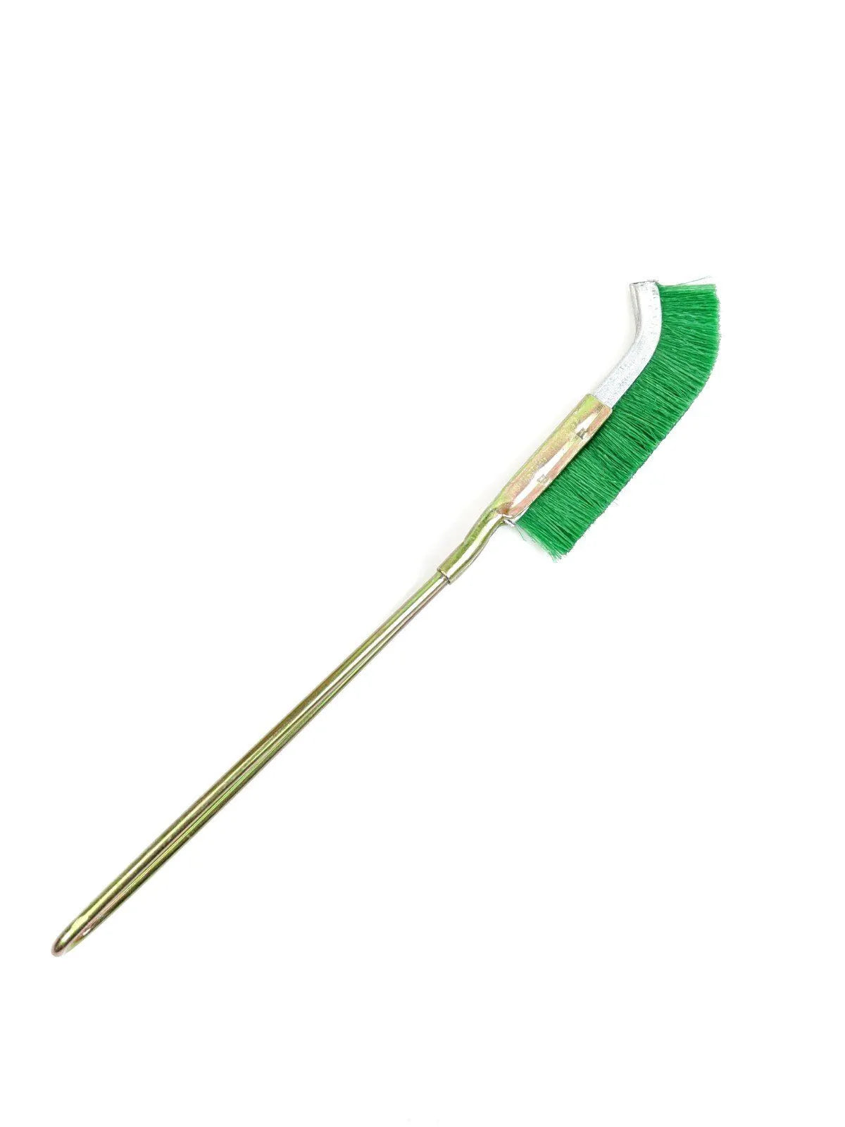 Green-handled elbow brush with nylon wire bristles for rust removal on metal surfaces.