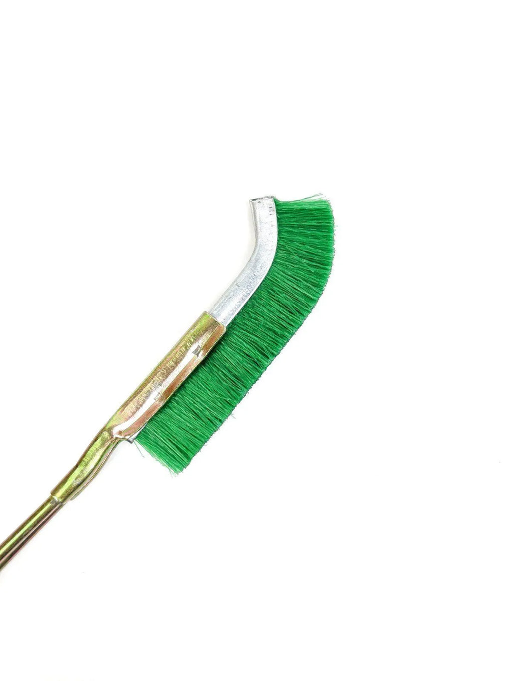 Green-handled elbow brush with nylon wire bristles for rust removal on metal surfaces.