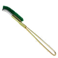 Green-handled elbow brush with nylon wire bristles for rust removal on metal surfaces.