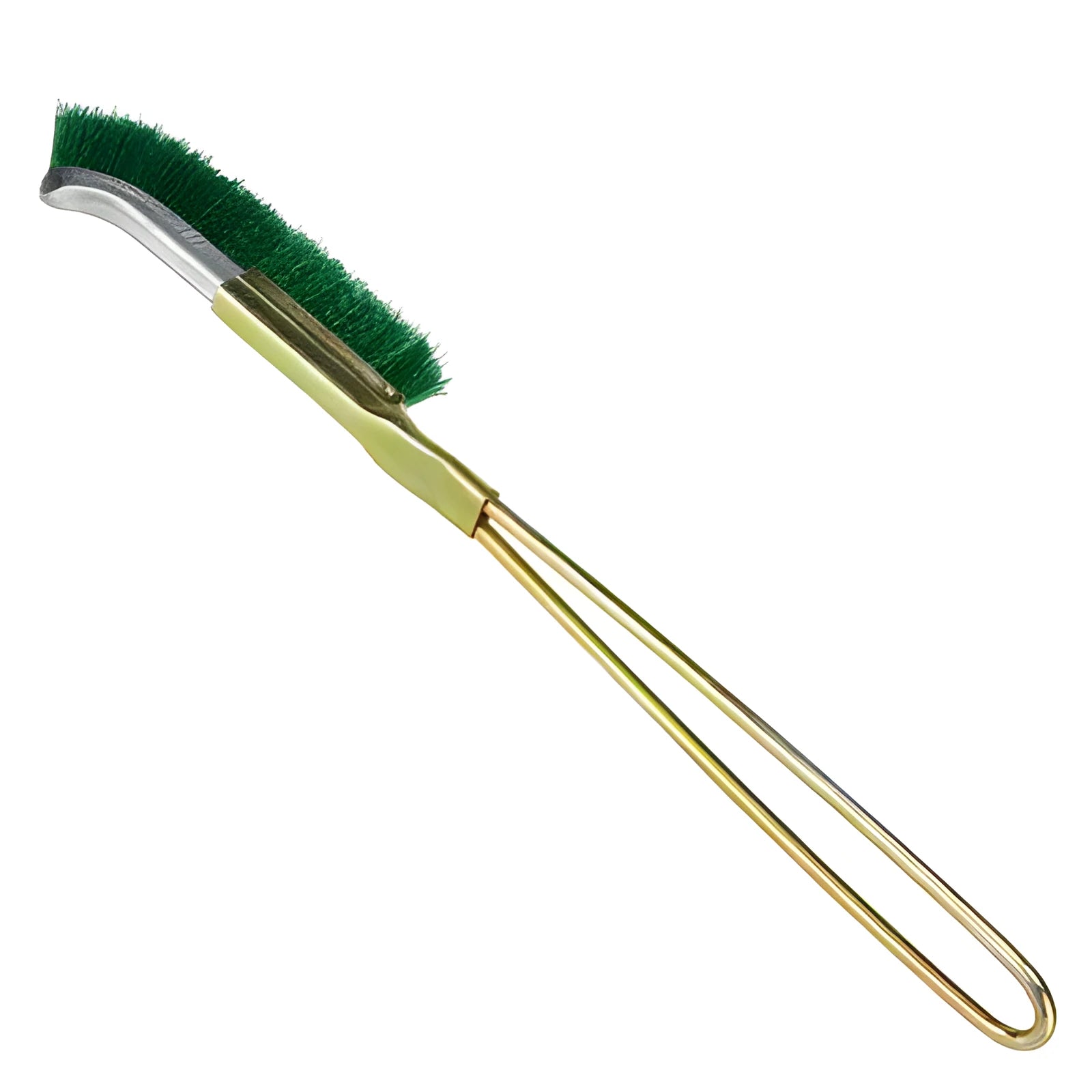 Green-handled elbow brush with nylon wire bristles for rust removal on metal surfaces.