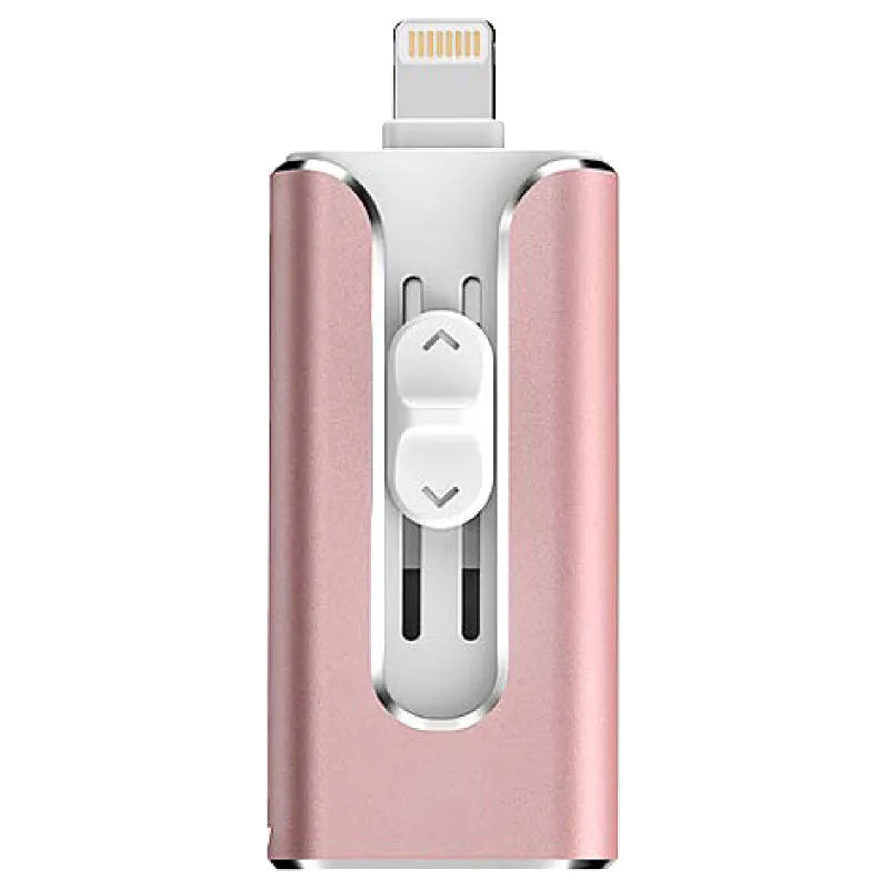 Metal USB flash drive with both USB and Lightning connectors in silver finish