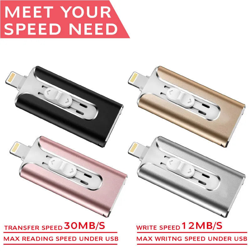 Metal USB flash drive with both USB and Lightning connectors in silver finish