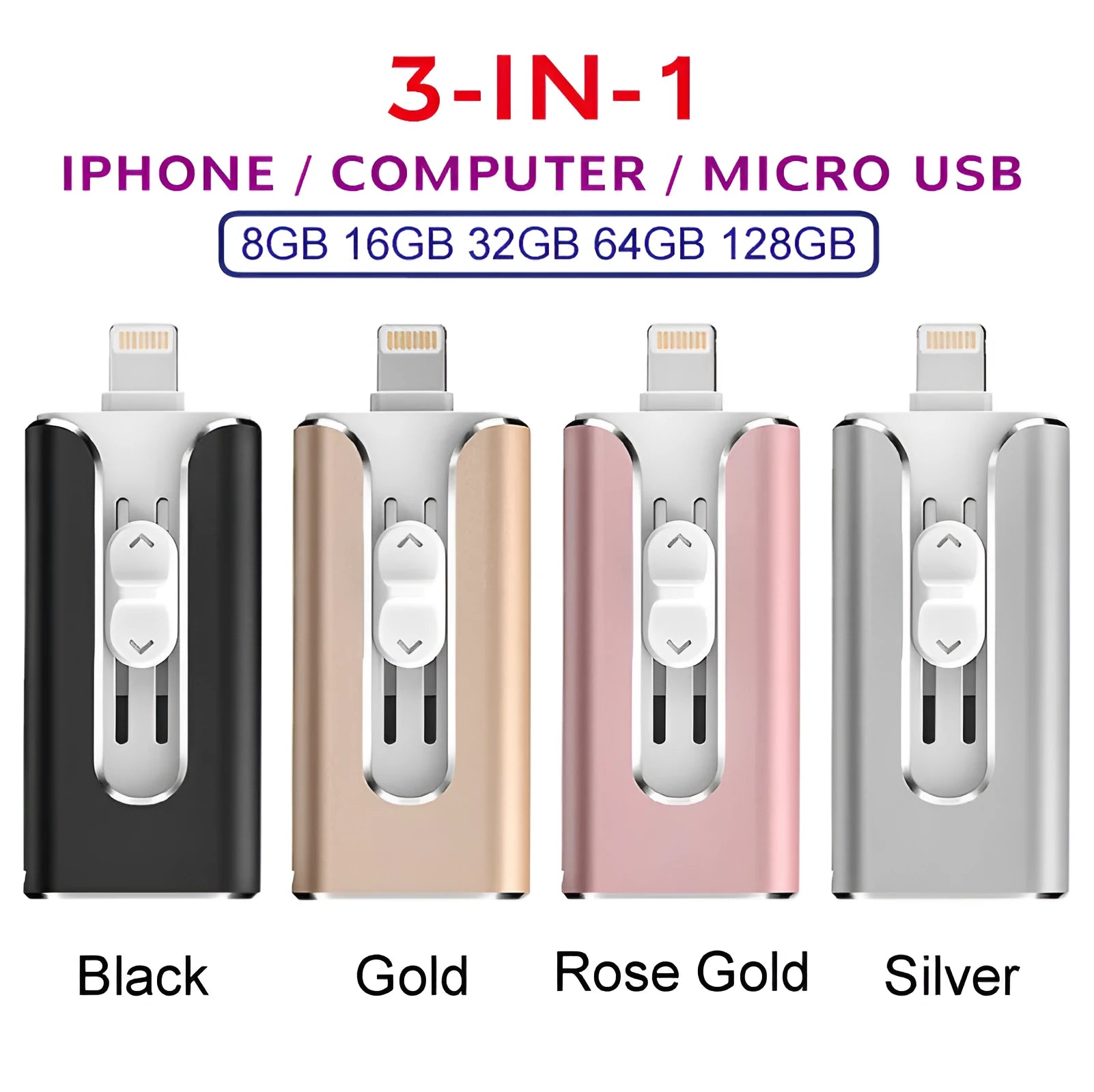 Metal USB flash drive with both USB and Lightning connectors in silver finish