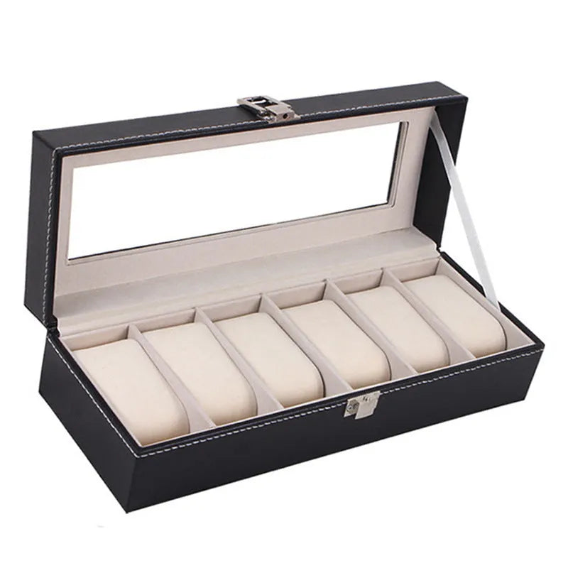 Black wooden watch storage box with six display windows showing watch compartments inside