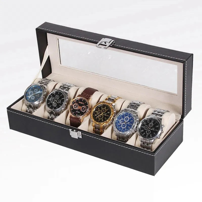 Black wooden watch storage box with six display windows showing watch compartments inside