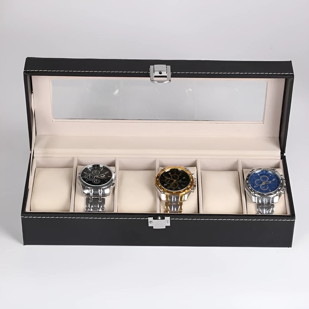 Black wooden watch storage box with six display windows showing watch compartments inside