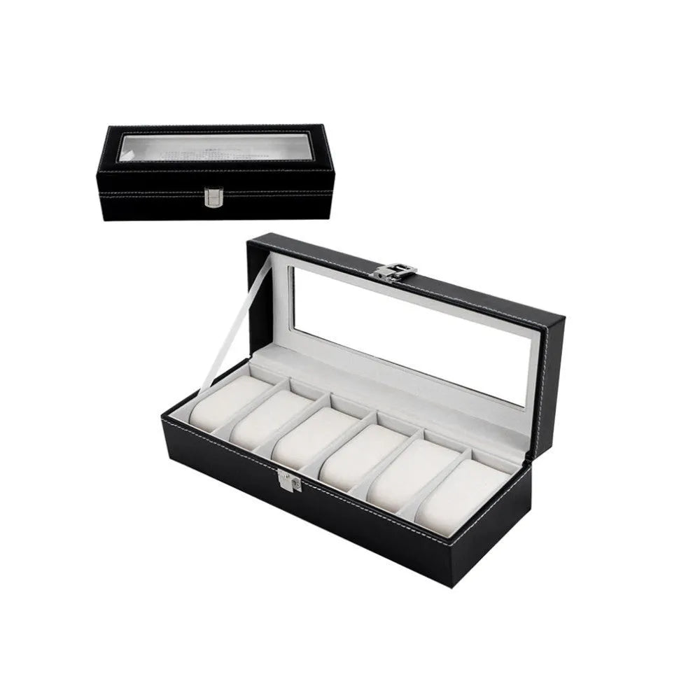 Black wooden watch storage box with six display windows showing watch compartments inside