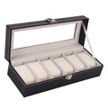 Black wooden watch storage box with six display windows showing watch compartments inside
