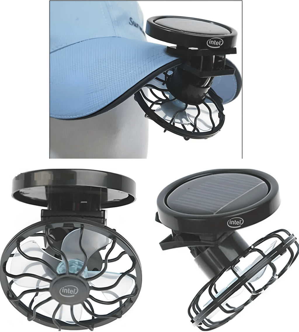 Black solar-powered clip-on cooling fan with portable design for outdoor use