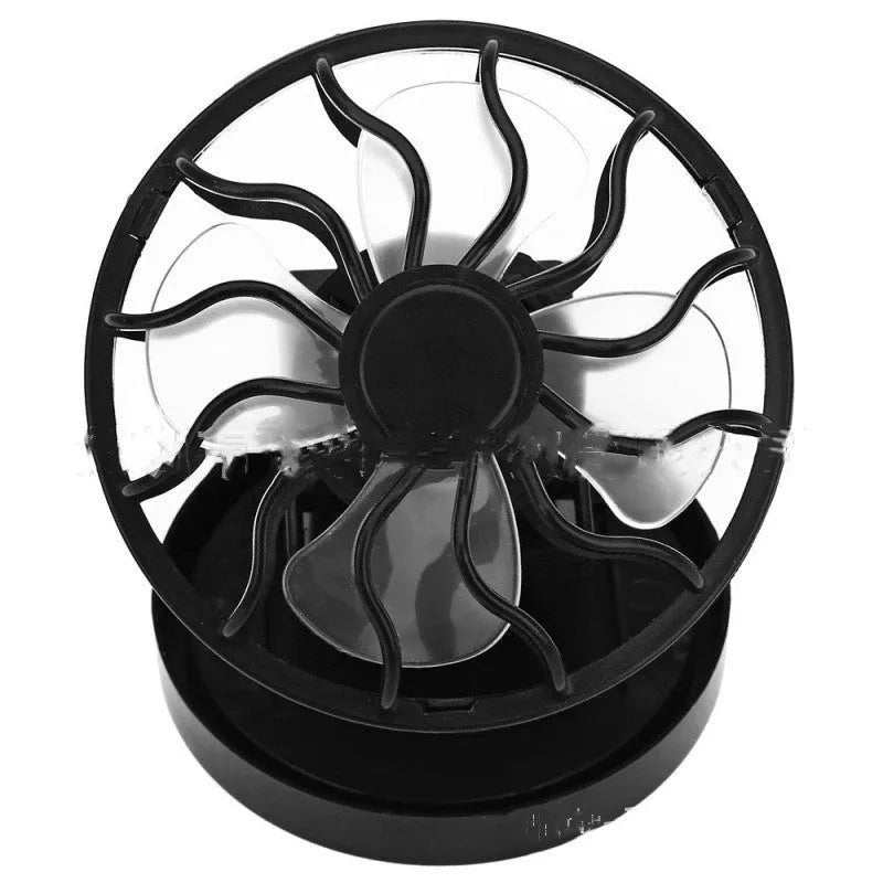 Black portable solar-powered clip-on fan for outdoor cooling during camping and travel activities