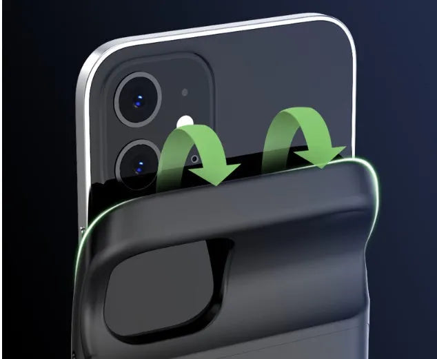 Black ultra-thin TPU soft bag wireless back clip battery for iPhone 12 with multi-USB port.