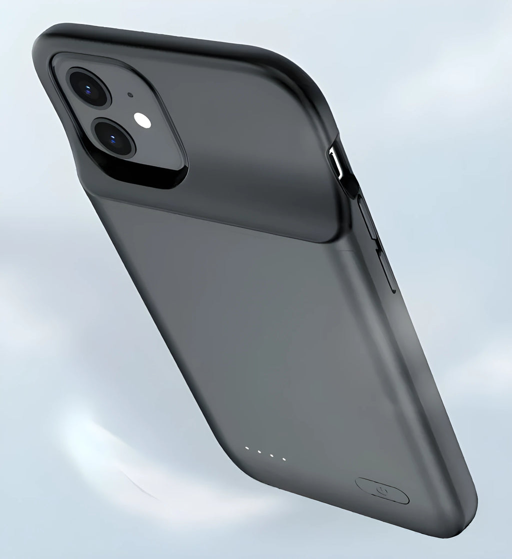 Black ultra-thin TPU soft bag wireless back clip battery for iPhone 12 with multi-USB port.