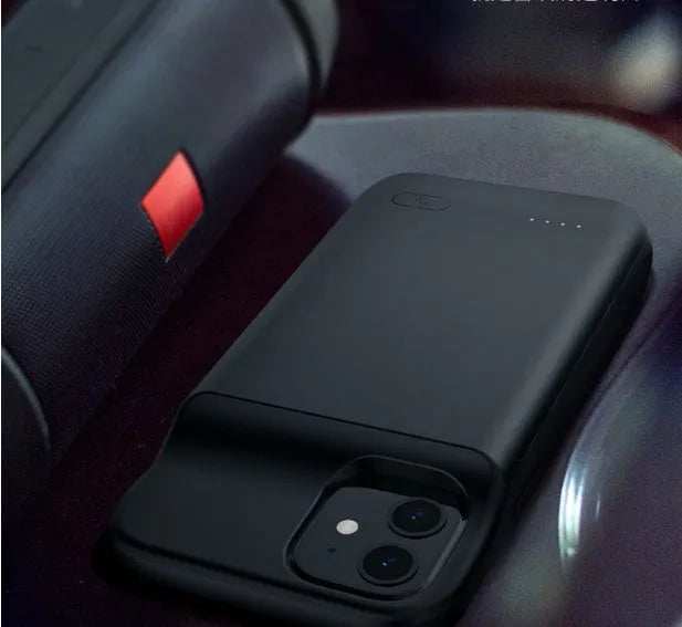 Black ultra-thin TPU soft bag wireless back clip battery for iPhone 12 with multi-USB port.