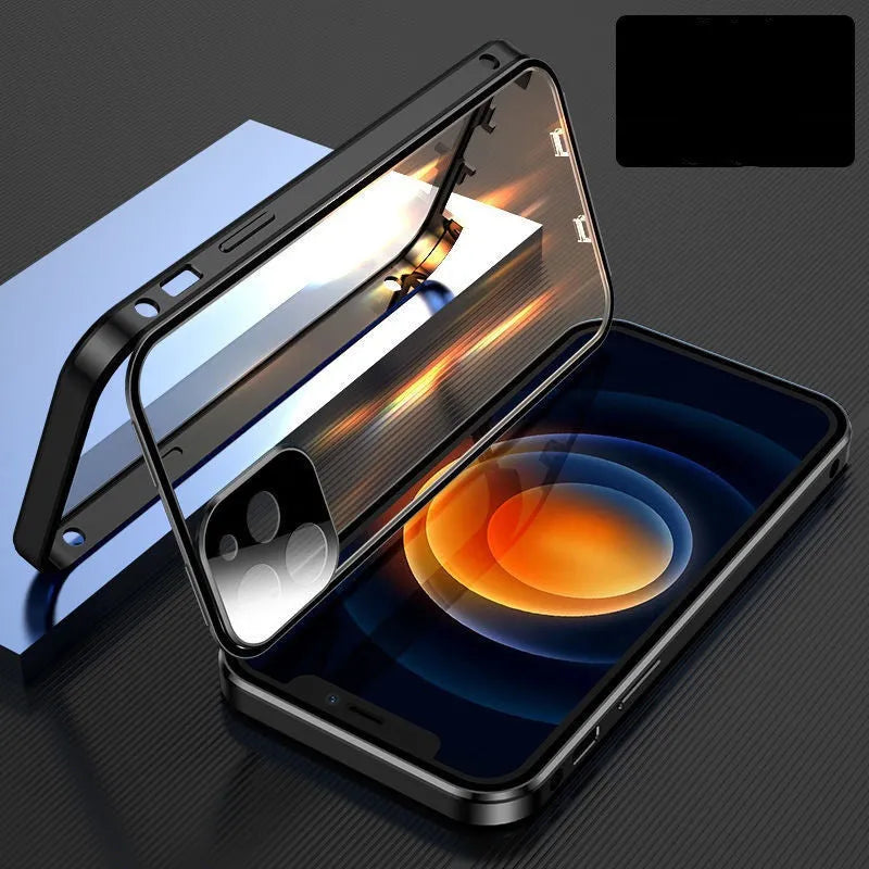 Aluminium metal frame tempered glass back bumper case for Apple iPhone with camera lens cover