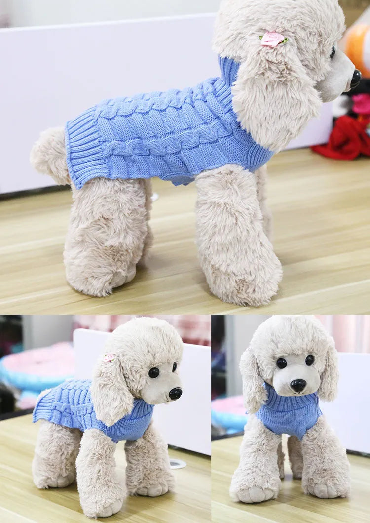 Cashmere twisted rope design dog sweater in blue, shown on a mannequin with size and colour options.
