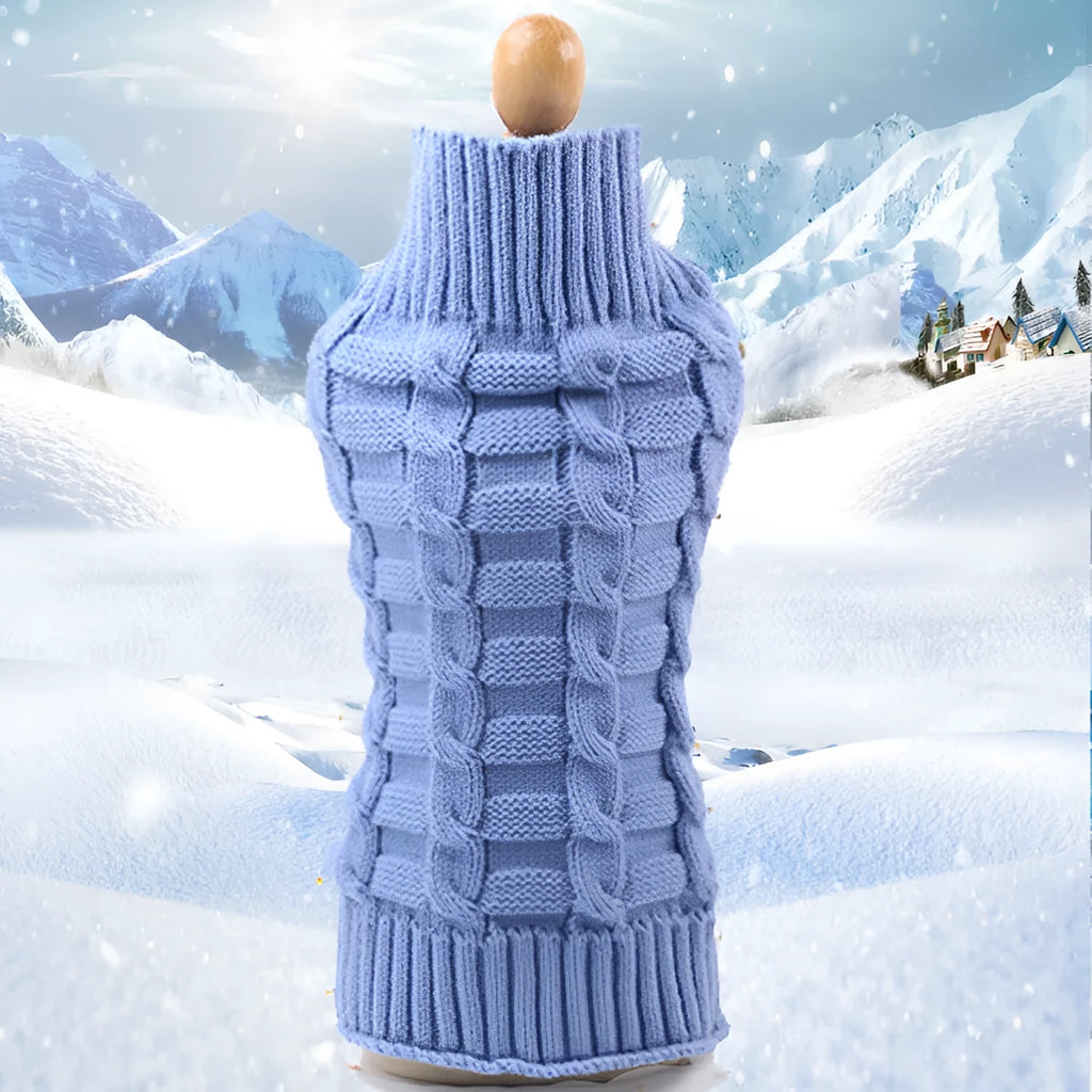 Cashmere twisted rope design dog sweater in blue, shown on a mannequin with size and colour options.