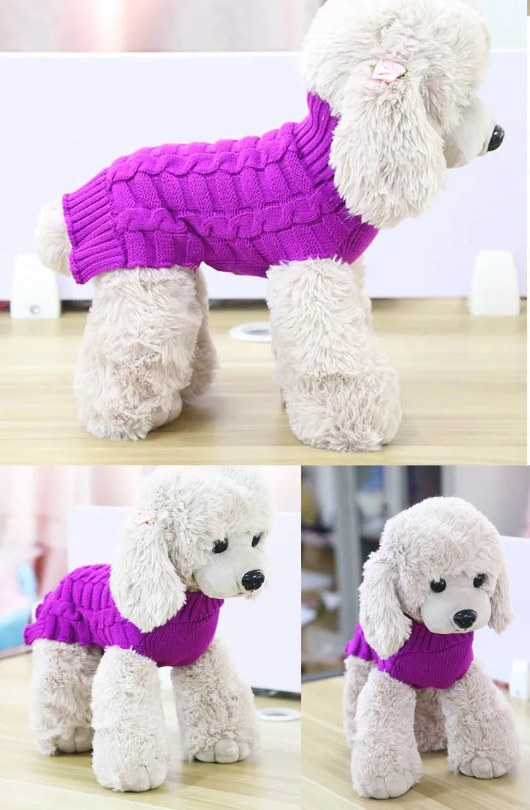 Cashmere twisted rope design dog sweater in blue, shown on a mannequin with size and colour options.