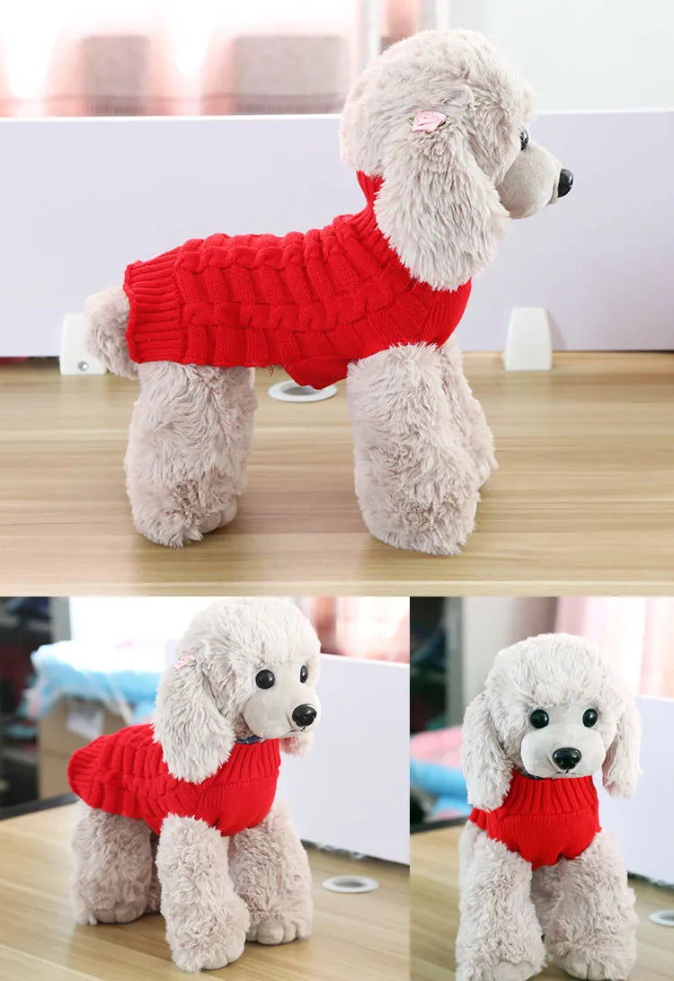Cashmere twisted rope design dog sweater in blue, shown on a mannequin with size and colour options.