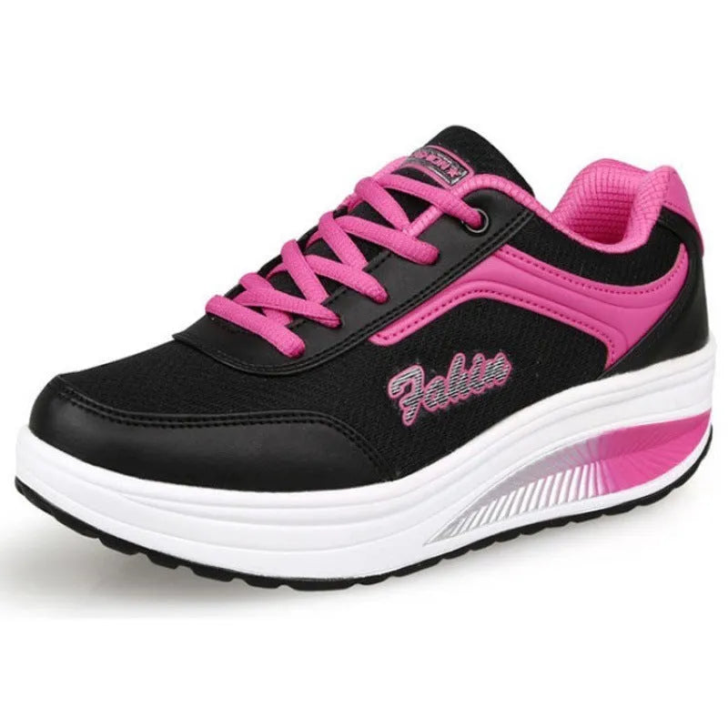 Women's grey heelless sports shoes with a mid-heel, shown alongside black and pink colour options.