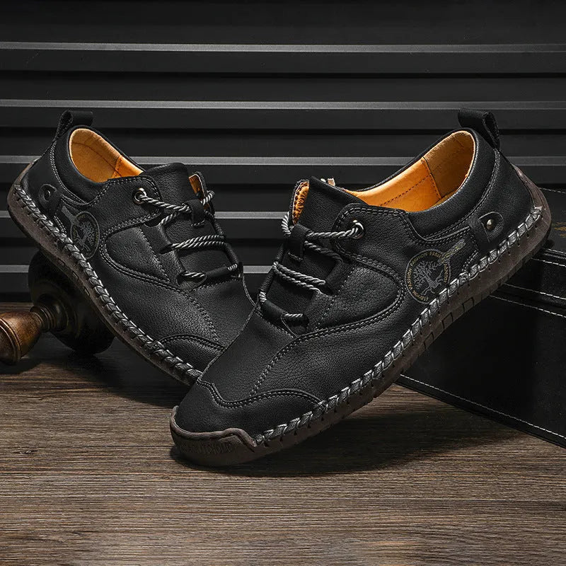 Men's microfiber casual shoes in black, gold, or khaki with round toe