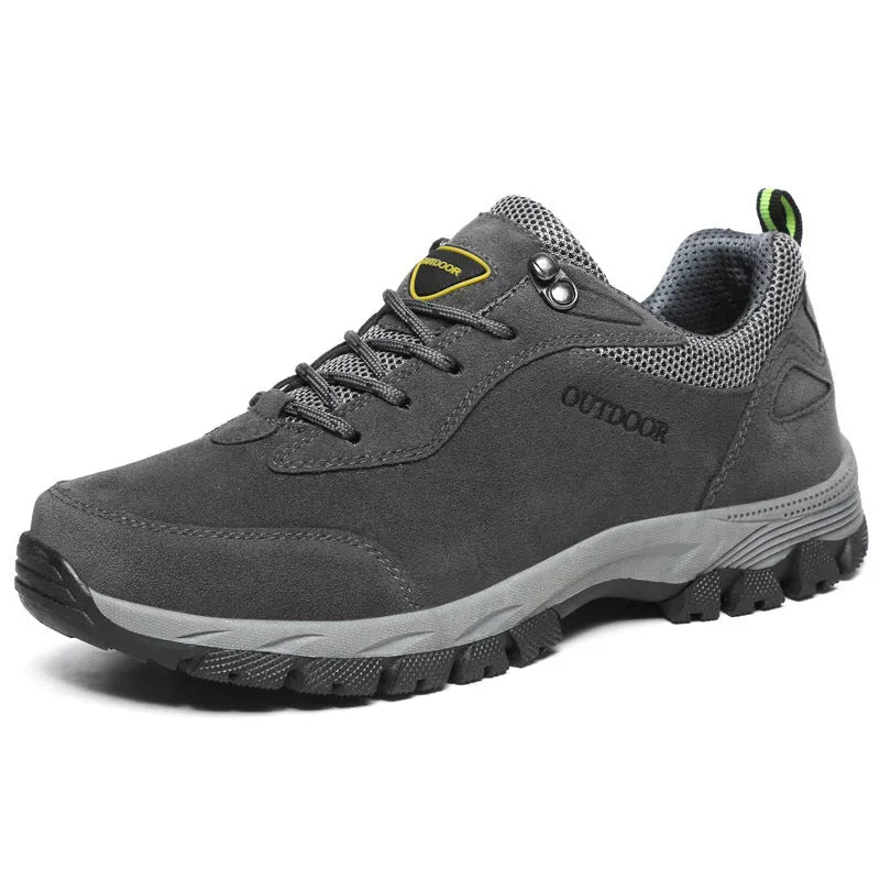 Men's low-top hiking shoes in army green, grey, and brown colours showing cloth and mesh lining interior