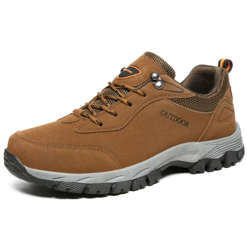 Men's low-top hiking shoes in army green, grey, and brown colours showing cloth and mesh lining interior