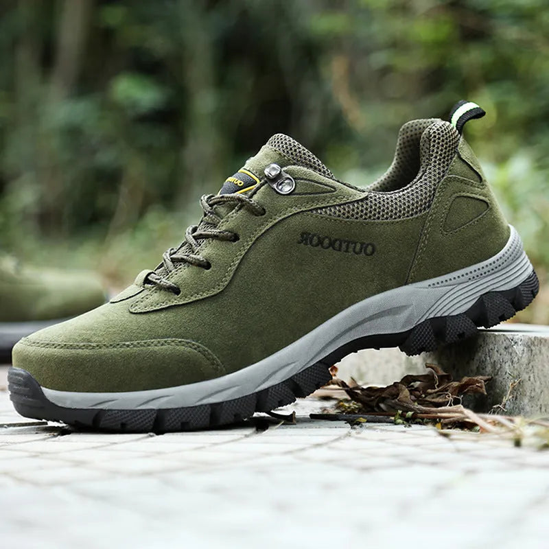 Men's low-top hiking shoes in army green, grey, and brown colours showing cloth and mesh lining interior