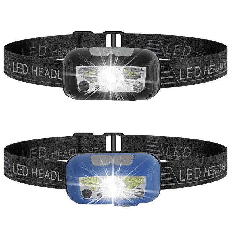 Black USB rechargeable sensor headlight with white and red LEDs on an adjustable headband.