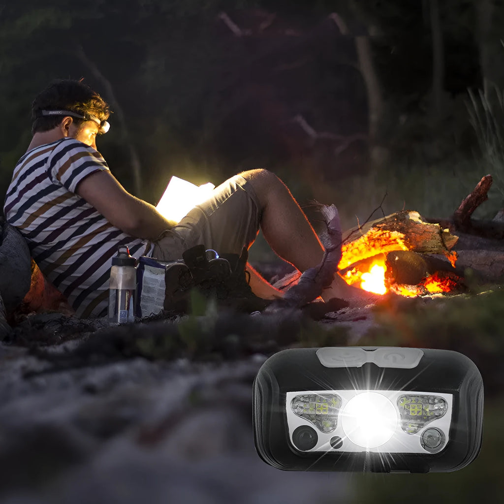 Black USB rechargeable sensor headlight with white and red LEDs on an adjustable headband.