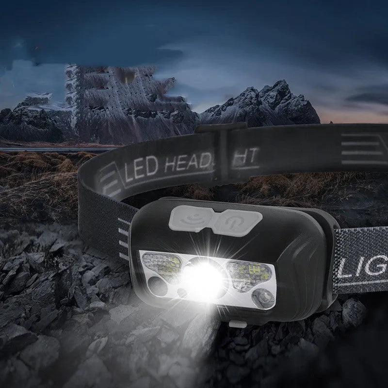 Black USB rechargeable sensor headlight with white and red LEDs on an adjustable headband.