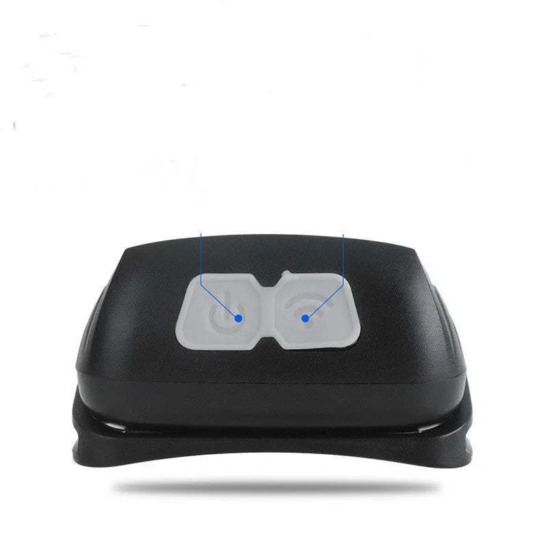 Black USB rechargeable sensor headlight with white and red LEDs on an adjustable headband.