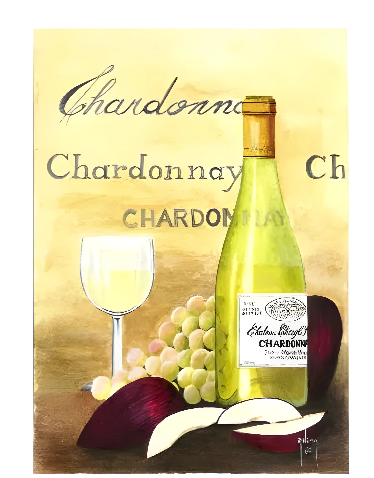 Apple and Chardonnay themed DIY digital painting kit with linen canvas, brushes, and paints laid out.