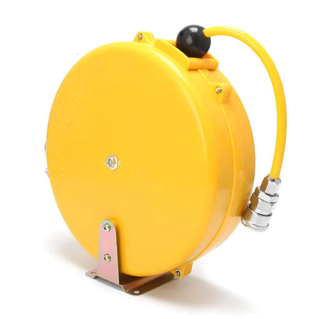 Yellow 8-metre automotive air hose reel on a spool for pneumatic workshop use