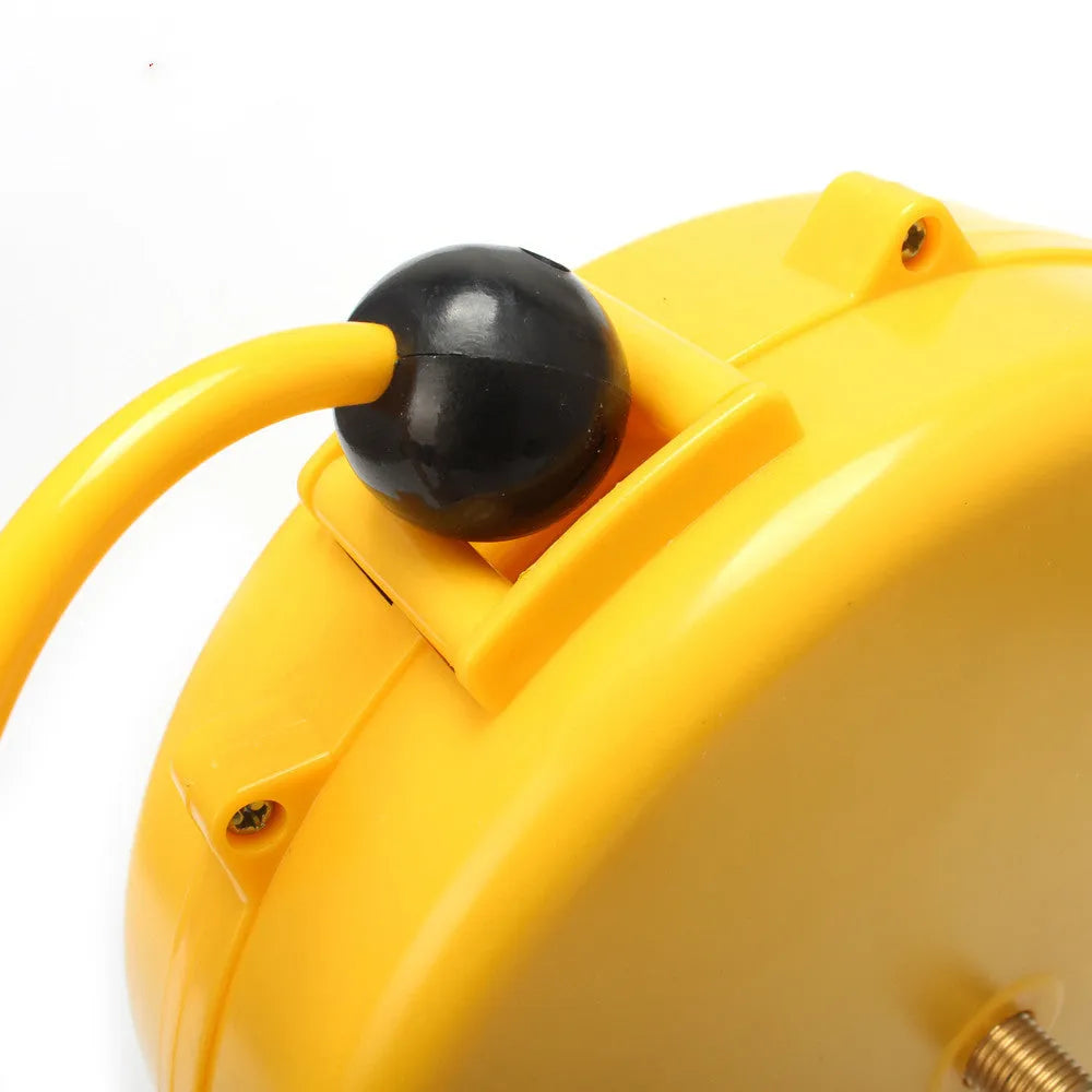 Yellow 8-metre automotive air hose reel on a spool for pneumatic workshop use