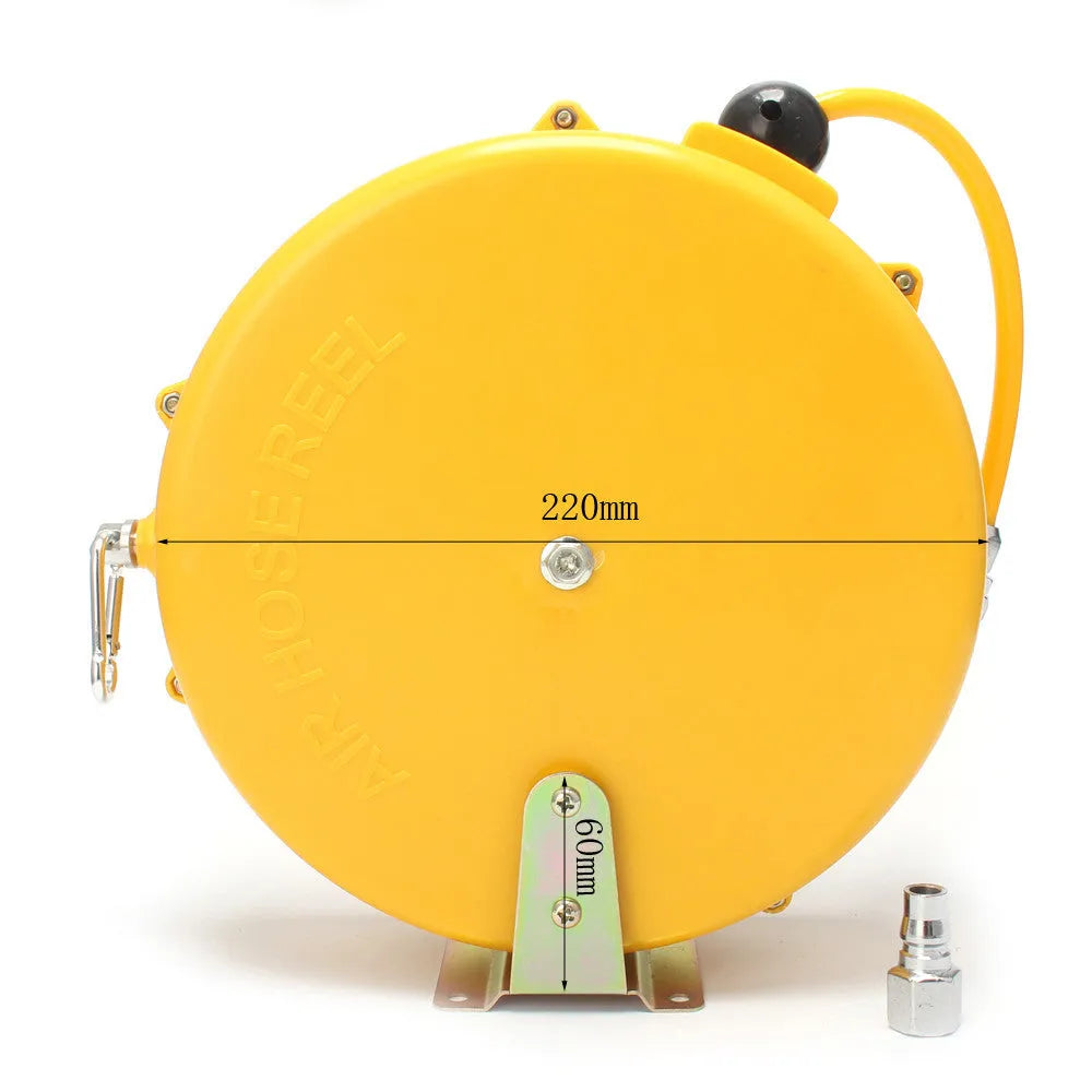 Yellow 8-metre automotive air hose reel on a spool for pneumatic workshop use
