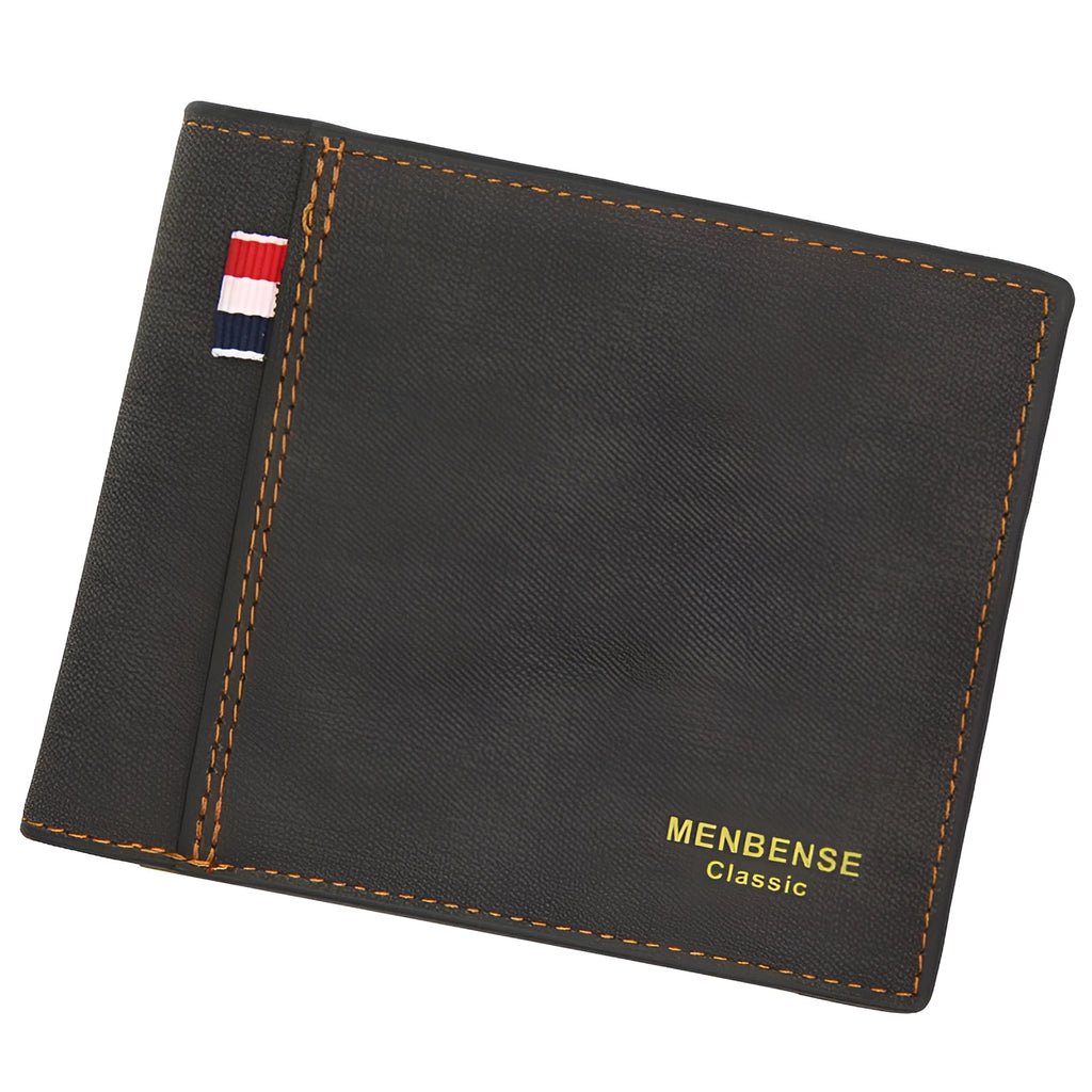 Men's short tri-fold wallet in black, navy blue, dark brown or light brown colour with large capacity design