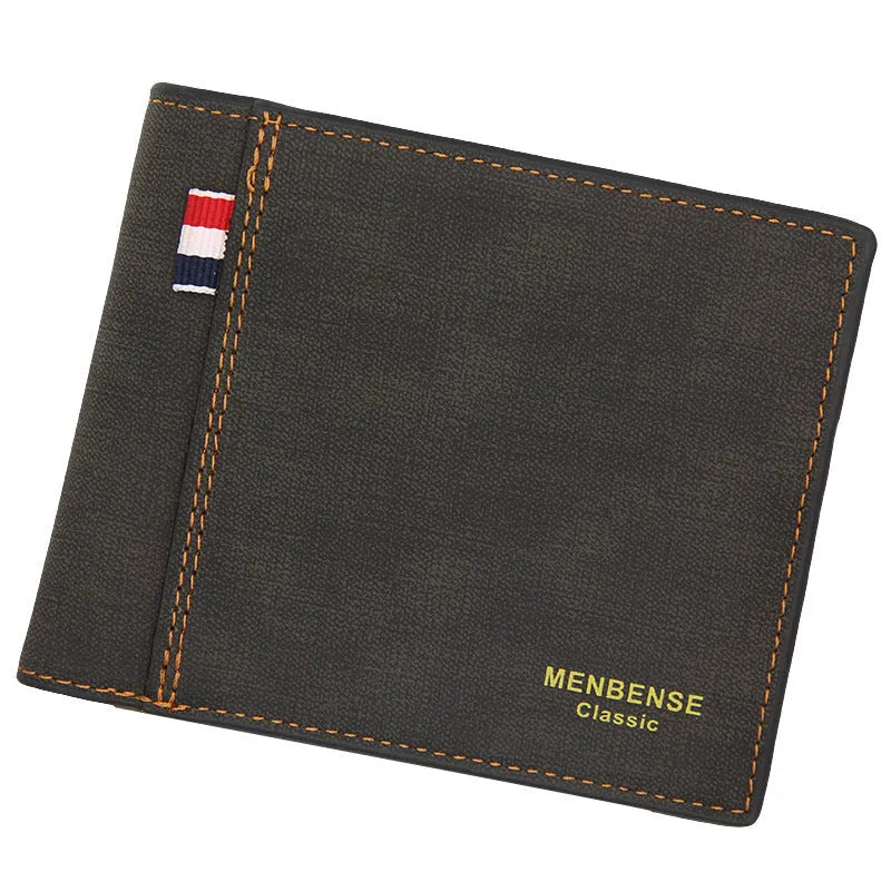 Men's short tri-fold wallet in black, navy blue, dark brown or light brown colour with large capacity design