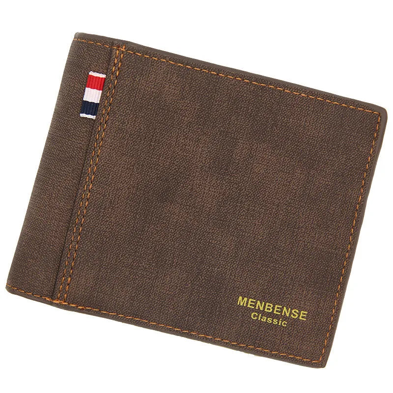 Men's short tri-fold wallet in black, navy blue, dark brown or light brown colour with large capacity design