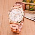 Ro Geneva quartz watch with 38mm round dial, alloy band, and single folding buckle in silver colour
