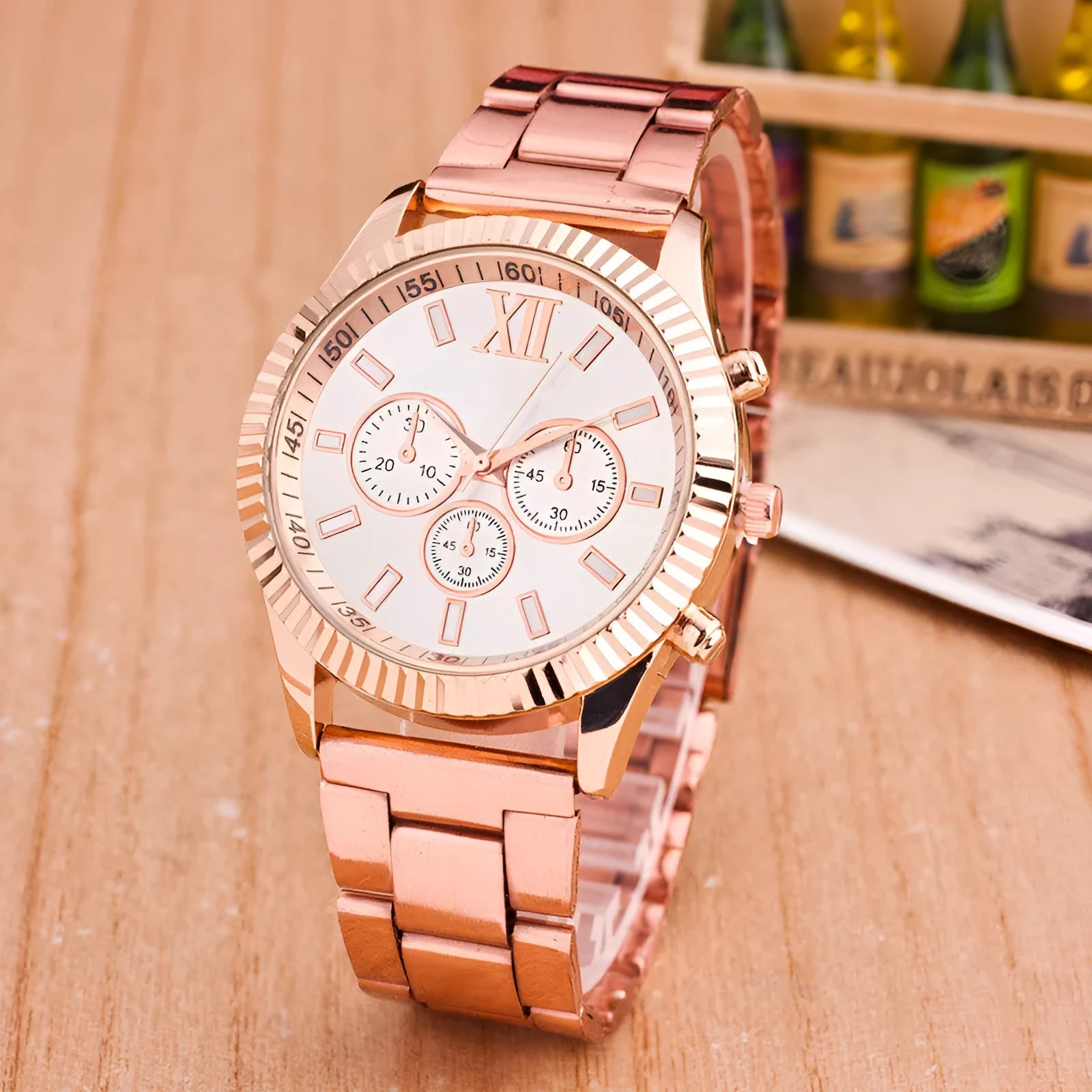 Ro Geneva quartz watch with 38mm round dial, alloy band, and single folding buckle in silver colour
