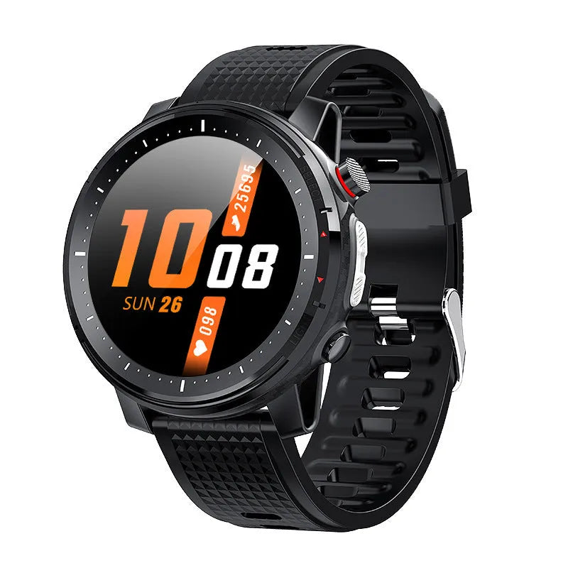 Black men's smartwatch with round screen and silicone strap showing IP68 waterproof Android compatibility.